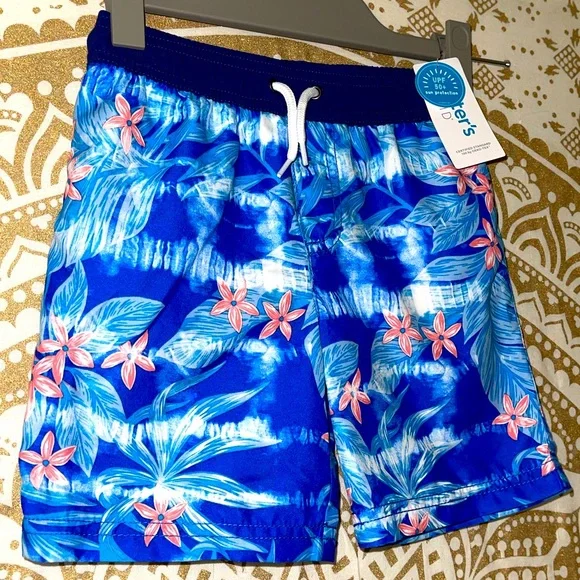 ✨HP✨ NWT “CARTERS” BOYS UPF 50+ BLUE/CORAL SWIM TRUNKS W/TIE WAIST, SIZE 4 - Picture 3 of 6